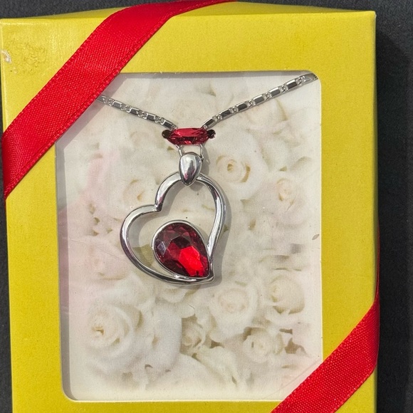 Floating Red Crystal Tear Drop Silver Heart Necklace - Picture 2 of 3
